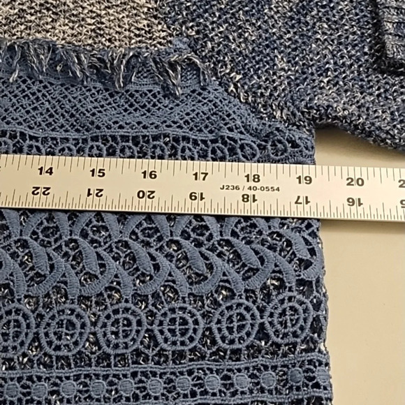 Denim Blue & Navy Boho Patch Crochet Lace, Fringed Cardigan - Picture 4 of 7